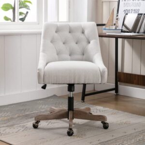 Swivel Home Office Chair, Modern Fabric Upholstered Tufted Accent Computer Desk Chair with Ergonomic Wide Backrest and Wooden Legs, Height Adjustable Swivel Vanity Chair for Office, Beige