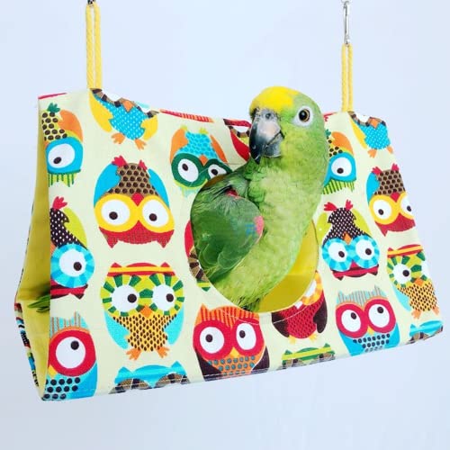 Bird Nest House Bird Bed, Bird Hut Hideaway for Cage, Plush Fluffy Shed Hut Hanging Hammock Finch Cage Sleeping Bed Snuggle Tent for Budgies, Lovebird, Parrot, Parakeets, Cockatiels (Owl, Large)