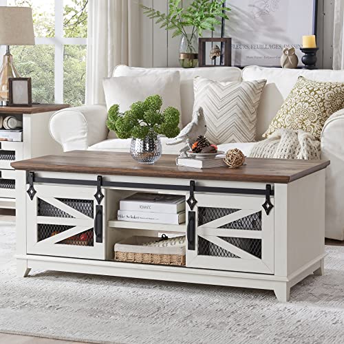 OKD 48'' Coffee Table with Storage & Sliding Barn Doors, Farmhouse & Industrial Cocktail Table w/Adjustable Shelves, Modern Rectangular Rustic Living Room Table for Meeting Room, Antique White