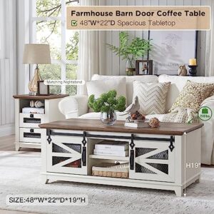 OKD 48'' Coffee Table with Storage & Sliding Barn Doors, Farmhouse & Industrial Cocktail Table w/Adjustable Shelves, Modern Rectangular Rustic Living Room Table for Meeting Room, Antique White