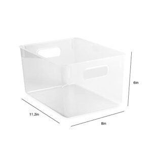 Isaac Jacobs 3-Pack Large Clear Storage Bins (11” L x 8” W x 6” H) with Cutout Handles, Plastic Organizer for Home, Office, Kitchen, Fridge/Freezer, Drawers, BPA Free, Food Safe (3-Pack, Large)