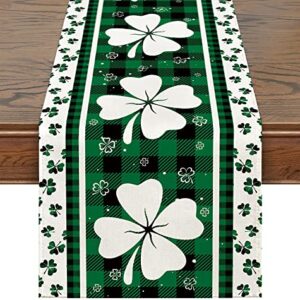 Siilues Spring Table Runner, Buffalo Plaid Shamrock St. Patrick's Day Decoraions Green Seasonal Spring Holiday Table Decorations for Indoor Outdoor Dining Table Decor (13'' x 72'')