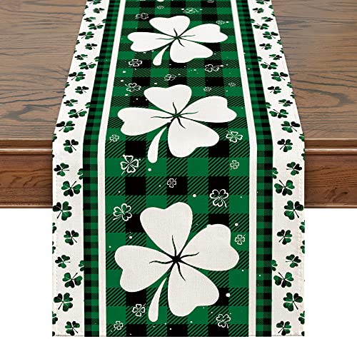 Siilues Spring Table Runner, Buffalo Plaid Shamrock St. Patrick's Day Decoraions Green Seasonal Spring Holiday Table Decorations for Indoor Outdoor Dining Table Decor (13'' x 72'')