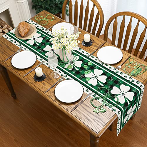 Siilues Spring Table Runner, Buffalo Plaid Shamrock St. Patrick's Day Decoraions Green Seasonal Spring Holiday Table Decorations for Indoor Outdoor Dining Table Decor (13'' x 72'')