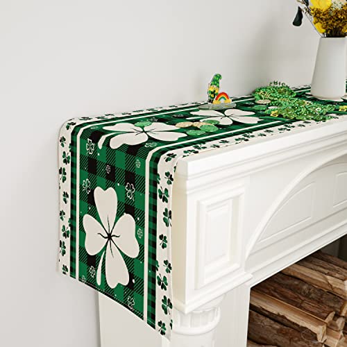 Siilues Spring Table Runner, Buffalo Plaid Shamrock St. Patrick's Day Decoraions Green Seasonal Spring Holiday Table Decorations for Indoor Outdoor Dining Table Decor (13'' x 72'')