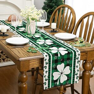 Siilues Spring Table Runner, Buffalo Plaid Shamrock St. Patrick's Day Decoraions Green Seasonal Spring Holiday Table Decorations for Indoor Outdoor Dining Table Decor (13'' x 72'')