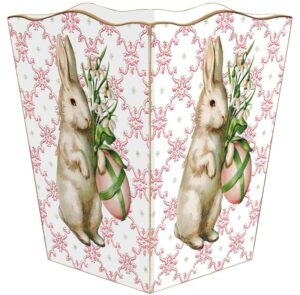 marye-kelley white bunny with egg on pink scroll wood wastepaper basket handmade in the usa