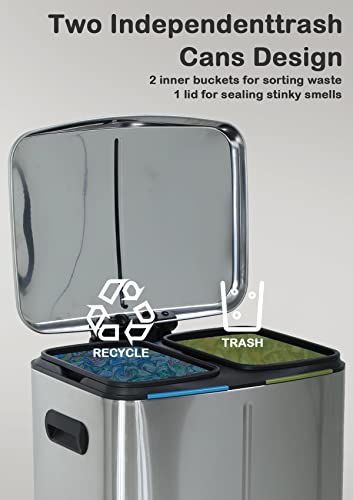 Capacmkseh Stainless Steel Kitchen Trash Can with Lid, 2 X 5-Gallon Dual Step Trash Can, 10 Gallon Large Garbage Can for Kitchen, Recycling Bins, Household Essentials Trash Classification