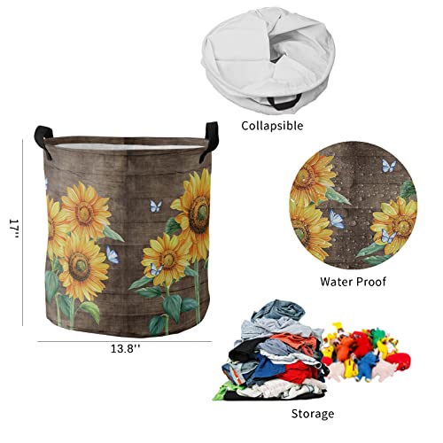 Sunflower Laundry Basket Small 13.8"x17" Waterproof Laundry Hamper, Farmhouse Summer Flower Butterfly Wood Collapsible Toys Blankets Storage Baskets Clothes Hamper for Bathroom Bedroom Living Room