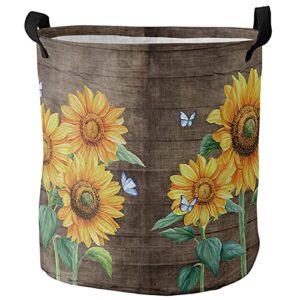 sunflower laundry basket small 13.8"x17" waterproof laundry hamper, farmhouse summer flower butterfly wood collapsible toys blankets storage baskets clothes hamper for bathroom bedroom living room