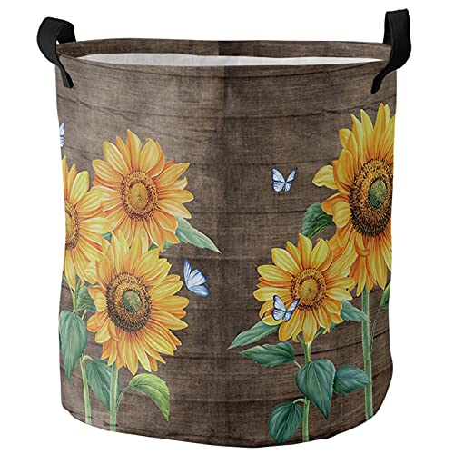 Sunflower Laundry Basket Small 13.8"x17" Waterproof Laundry Hamper, Farmhouse Summer Flower Butterfly Wood Collapsible Toys Blankets Storage Baskets Clothes Hamper for Bathroom Bedroom Living Room