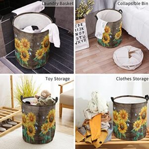 Sunflower Laundry Basket Small 13.8"x17" Waterproof Laundry Hamper, Farmhouse Summer Flower Butterfly Wood Collapsible Toys Blankets Storage Baskets Clothes Hamper for Bathroom Bedroom Living Room