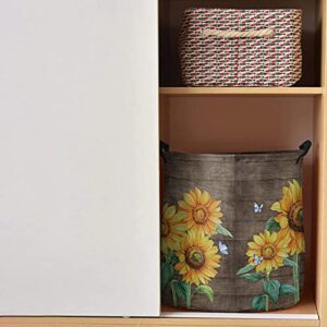 Sunflower Laundry Basket Small 13.8"x17" Waterproof Laundry Hamper, Farmhouse Summer Flower Butterfly Wood Collapsible Toys Blankets Storage Baskets Clothes Hamper for Bathroom Bedroom Living Room