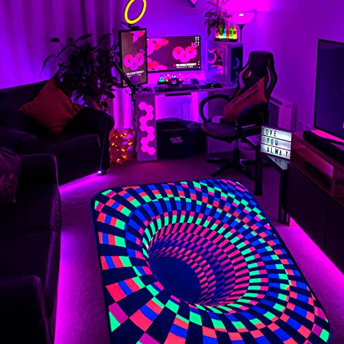 Kids Gaming Decor Rugs for Boys Room Blacklight UV Reactive Area Rug Funny 3D Vortex Optical Illusion Bedroom Rug Playroom Rugs Carpet Game Decor Rug for Living Room Bedroom 60x39 Inch