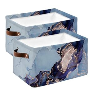 Blue Purple Aqua Marble Texture Storage Bins 2 Pack, Large Waterproof Storage Baskets for Shelves Closet, Chinese Abstract Art Ombre Storage Basket Foldable Storage Box Cube Organizer with Handles