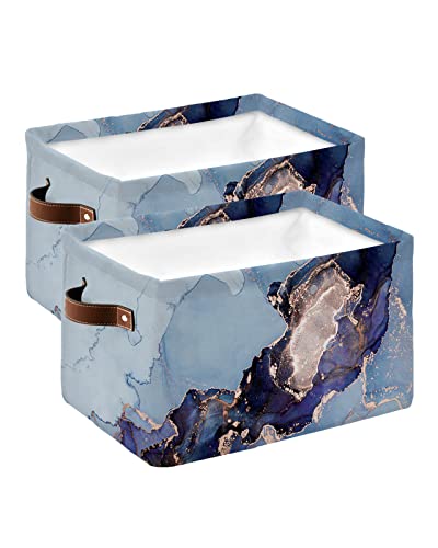 Blue Purple Aqua Marble Texture Storage Bins 2 Pack, Large Waterproof Storage Baskets for Shelves Closet, Chinese Abstract Art Ombre Storage Basket Foldable Storage Box Cube Organizer with Handles