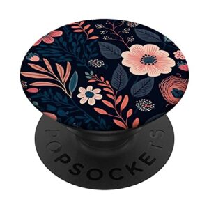 boho navy blue and pink floral botanical pattern flower art popsockets swappable popgrip