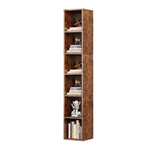 MIN WIN 6-Tier Wooden Tall Narrow Open Bookcase and Bookshelves, 68.5" Modern Freestanding Cube Display Storage Organizer Shelf, Corner Bookcase Narrow Bookshelf with Storage Space, Rustic