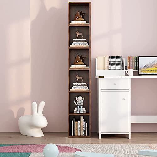 MIN WIN 6-Tier Wooden Tall Narrow Open Bookcase and Bookshelves, 68.5" Modern Freestanding Cube Display Storage Organizer Shelf, Corner Bookcase Narrow Bookshelf with Storage Space, Rustic