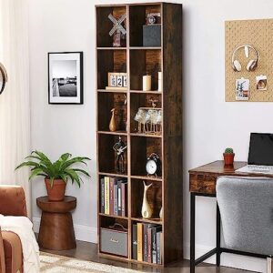 MIN WIN 6-Tier Wooden Tall Narrow Open Bookcase and Bookshelves, 68.5" Modern Freestanding Cube Display Storage Organizer Shelf, Corner Bookcase Narrow Bookshelf with Storage Space, Rustic