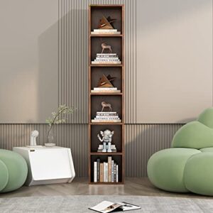 MIN WIN 6-Tier Wooden Tall Narrow Open Bookcase and Bookshelves, 68.5" Modern Freestanding Cube Display Storage Organizer Shelf, Corner Bookcase Narrow Bookshelf with Storage Space, Rustic