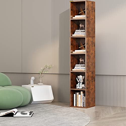 MIN WIN 6-Tier Wooden Tall Narrow Open Bookcase and Bookshelves, 68.5" Modern Freestanding Cube Display Storage Organizer Shelf, Corner Bookcase Narrow Bookshelf with Storage Space, Rustic