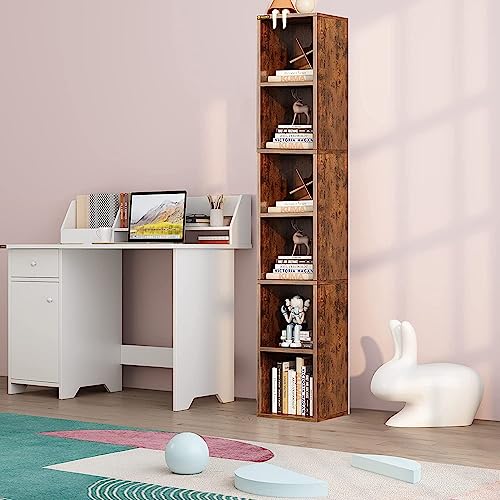 MIN WIN 6-Tier Wooden Tall Narrow Open Bookcase and Bookshelves, 68.5" Modern Freestanding Cube Display Storage Organizer Shelf, Corner Bookcase Narrow Bookshelf with Storage Space, Rustic