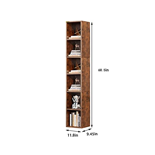 MIN WIN 6-Tier Wooden Tall Narrow Open Bookcase and Bookshelves, 68.5" Modern Freestanding Cube Display Storage Organizer Shelf, Corner Bookcase Narrow Bookshelf with Storage Space, Rustic