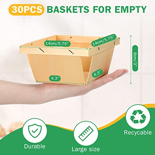 30 Pcs One Quart Wooden Berry Baskets Bulk 5.75 Inch Square Vented Wood Boxes Empty Wooden Baskets for Easter Gifts, Picking Fruit, Arts, Crafts and Decor