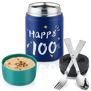 thermos for hot food - 27 oz insulated food jar with foldable spoon & fork, leak proof food thermos for kids adults, double walled soup thermos with portable food bowl for school office outdoors (dark blue)