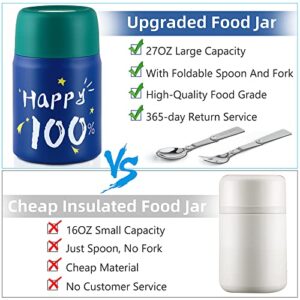 Thermos For Hot Food - 27 Oz Insulated Food Jar With Foldable Spoon & Fork, Leak Proof Food Thermos For Kids Adults, Double Walled Soup Thermos With Portable Food Bowl For School Office Outdoors (Dark Blue)