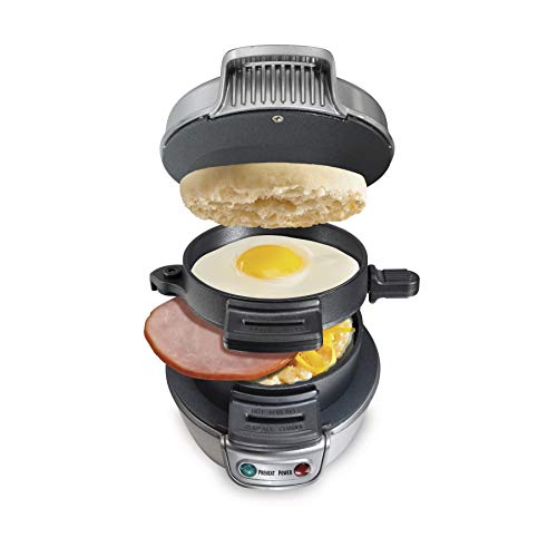 Hamilton Beach Breakfast Sandwich Maker, Black & Breakfast Sandwich Maker with Egg Cooker Ring, Customize Ingredients, Perfect for English Muffins, Croissants, Mini Waffles, Single, Silver