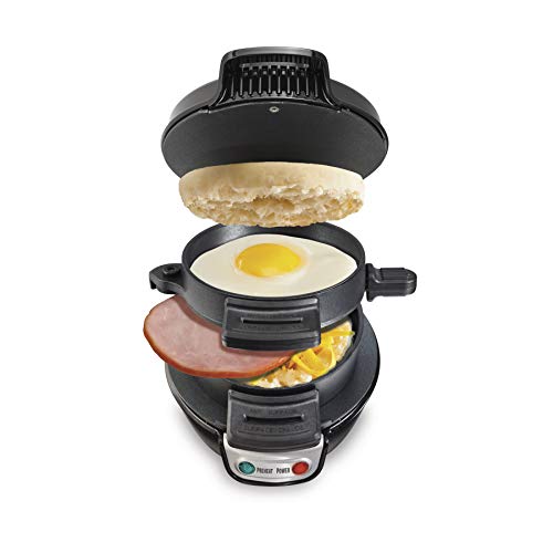 Hamilton Beach Breakfast Sandwich Maker, Black & Breakfast Sandwich Maker with Egg Cooker Ring, Customize Ingredients, Perfect for English Muffins, Croissants, Mini Waffles, Single, Silver