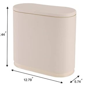 Sooyee Bathroom Trash Can with Lid, 2.4 Gallon Slim Smart Can, Small Plastic Bin, 10 L Narrow Waste Basket for Bedroom, Kitchen, Office, Cream White