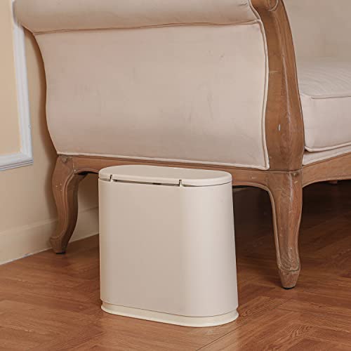 Sooyee Bathroom Trash Can with Lid, 2.4 Gallon Slim Smart Can, Small Plastic Bin, 10 L Narrow Waste Basket for Bedroom, Kitchen, Office, Cream White
