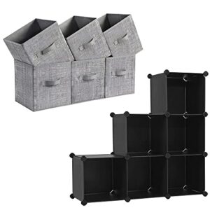 songmics storage cubes and cube storage organizer bundle, 11-inch non-woven fabric bins with double handles, 6 cube closet organizers and storage, gray and black urob26lg and ulpc06h