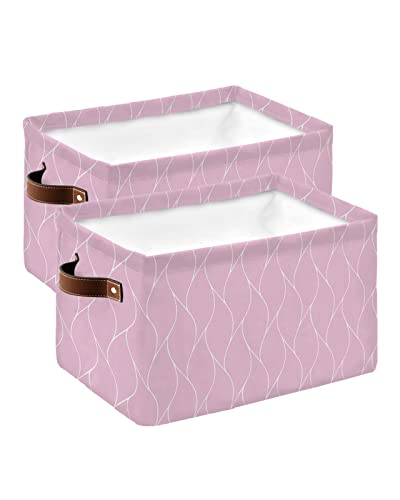 Pink Geometry Storage Bins 2 Pack, Large Waterproof Storage Baskets for Shelves Closet, Modern White Wave Abstract Aesthetics Storage Basket Foldable Storage Box Cube Storage Organizer with Handles