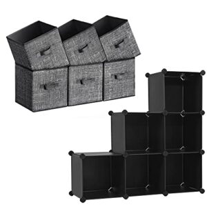 songmics storage cubes and cube storage organizer bundle, 11-inch non-woven fabric bins with double handles, 6 cube closet organizers and storage, black urob026b01 and ulpc06h