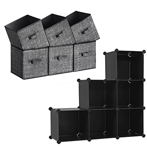 SONGMICS Storage Cubes and Cube Storage Organizer Bundle, 11-Inch Non-Woven Fabric Bins with Double Handles, 6 Cube Closet Organizers and Storage, Black UROB026B01 and ULPC06H