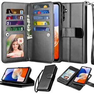 njjex galaxy a14 5g case, for samsung galaxy a14 5g wallet case, [9 card slots] pu leather id credit holder folio flip [detachable] kickstand magnetic phone cover & lanyard for samsung a14 [black]