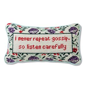 furbish handmade needlepoint decorative throw pillow - i never repeat gossip - 8" x 14" - small embroidered accent pillow for bed, chair, couch, sofa - aesthetic preppy home decor