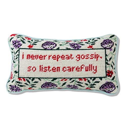 Furbish Handmade Needlepoint Decorative Throw Pillow - I Never Repeat Gossip - 8" x 14" - Small Embroidered Accent Pillow for Bed, Chair, Couch, Sofa - Aesthetic Preppy Home Decor