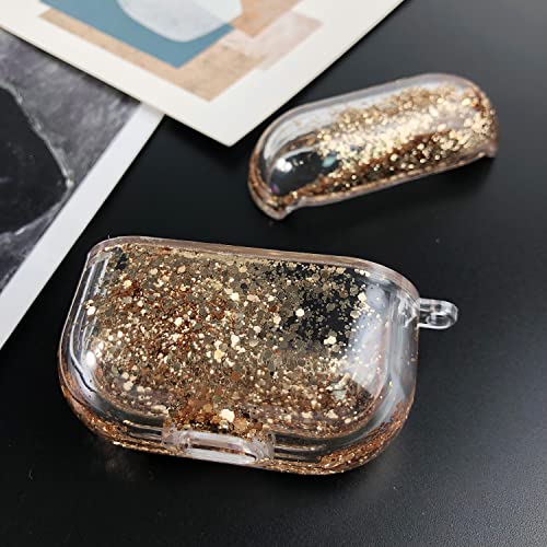 QIXIU Quicksand Headphone Case Compatible with AirPods Pro,Kawaii Cute Sparkle Liquid Protective Case,Funny Creative Hard Clear Airpods Pro Cover with Keychain (Gold,AirPods Pro)