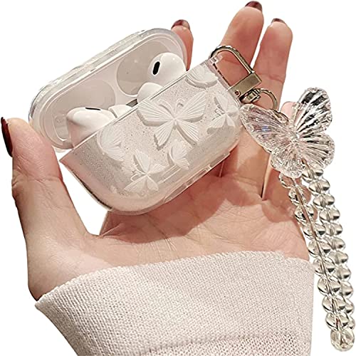 MINSCOSE Cute Airpod pro 2 Clear Case with Keychain ,Cute Bling Glitter Butterfly Pattern Design Soft Silicone Smooth Shockproof Compatible with Airpods Pro Charging Case for Girls Women