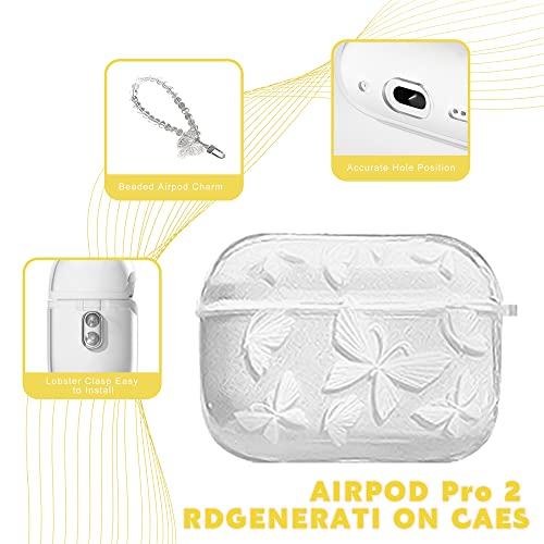 MINSCOSE Cute Airpod pro 2 Clear Case with Keychain ,Cute Bling Glitter Butterfly Pattern Design Soft Silicone Smooth Shockproof Compatible with Airpods Pro Charging Case for Girls Women