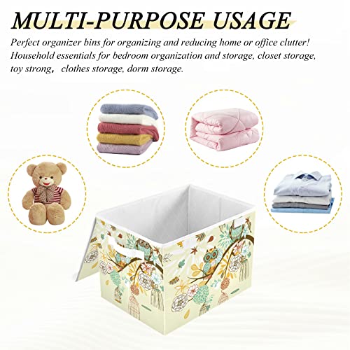 innewgogo Owl Autumn Floral Storage Bins with Lids for Organizing Foldable Storage Box With Lid with Handles Oxford Cloth Storage Cube Box for Pets Toys