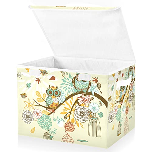 innewgogo Owl Autumn Floral Storage Bins with Lids for Organizing Foldable Storage Box With Lid with Handles Oxford Cloth Storage Cube Box for Pets Toys