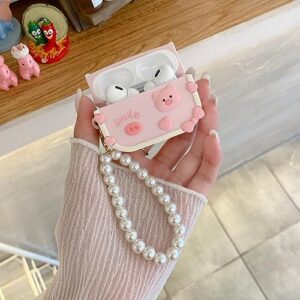 qixiu for airpods pro case cover with pearl bracelet,full protective silicone skin accessories for women girl,kawaii cute piglet wireless charging headset accessories,pink
