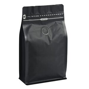 50 count ¾ lb black color foil coffee bags - high barrier aluminum foil - flat bottom coffee pouches with degassing valve, food storage bags with rsealable zipper & easy open tape (pack of 50, 12oz/0.75lb size)