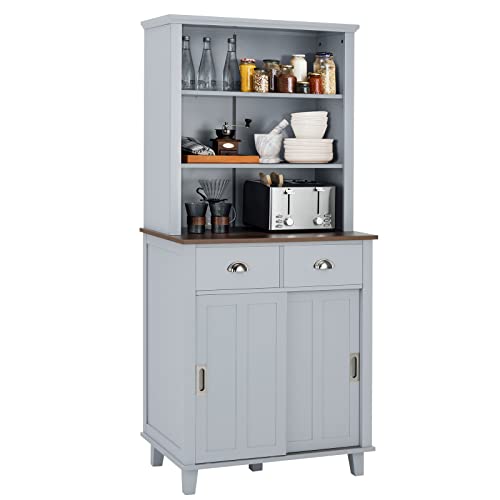 LOKO 67” Kitchen Pantry Storage Cabinet, Freestanding Buffet Sideboard with 3 Open Shelves, Microwave Countertop, 2 Pull-Out Drawers & Sliding Door Cabinet, Kitchen Hutch for Dining Room (Grey)